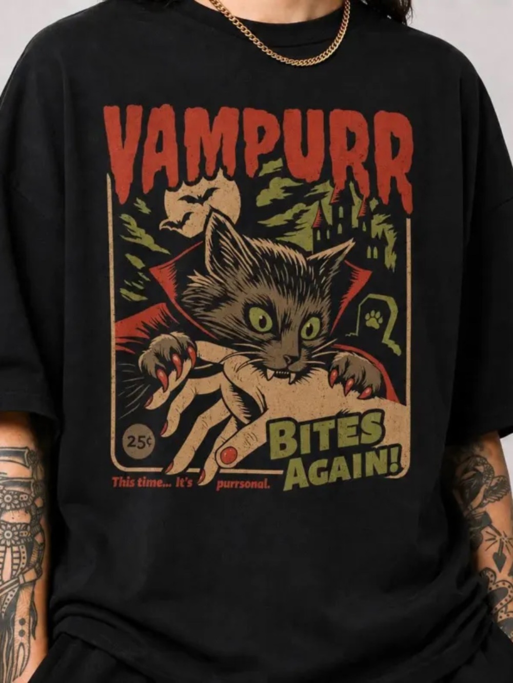 Black Vampurr Graphic Tee with Red and Green Print